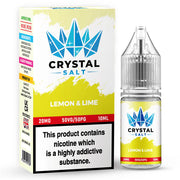 Product image showing a box and a bottle of Crystal Salt Lemon & Lime flavor Nic Salt E Liquid, indicating 10ml volume and 20mg nicotine strength with a 50/50 VG/PG ratio.